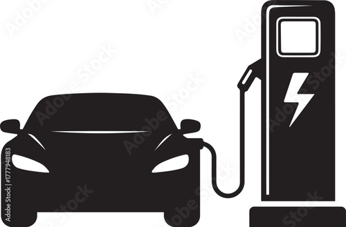 Modern electric vehicle silhouette connected to a charging station with a lightning bolt symbol indicating power and sustainability for future transportation