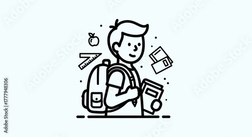 A line art illustration of a student with a backpack, books, and school supplies floating around.
