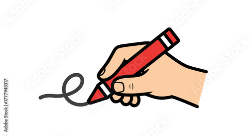 Illustration of a hand holding a red crayon, drawing a curved line.