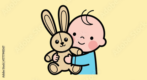 Cartoon illustration of a baby holding a stuffed rabbit toy against a yellow background.