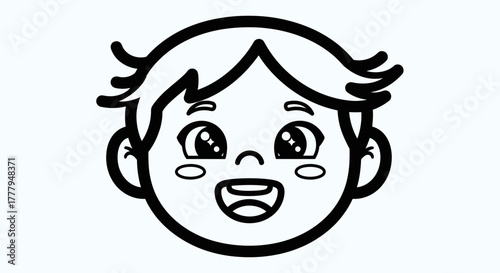 Cartoon illustration of a smiling child's face with big eyes and open mouth.