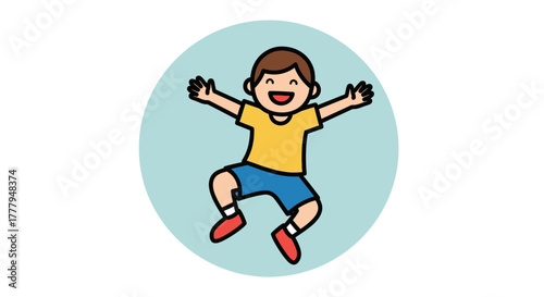 A joyful cartoon boy with arms outstretched, leaping happily within a circle.