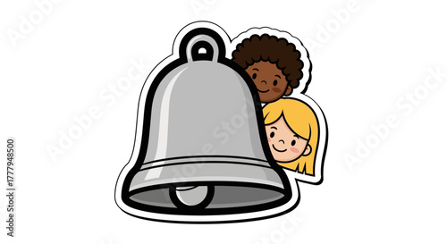 Illustration of a silver bell with two children peering from behind it, one with blonde hair and one with dark hair.