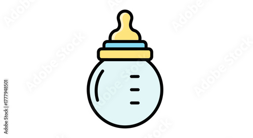 Illustration of a baby bottle with a yellow nipple and blue liquid inside, isolated on white.