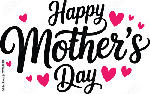 Happy Mother's Day Greeting with Pink Hearts | Decorative Calligraphy Message for Celebration, Social Media and Gift Design
