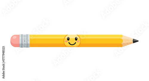 A yellow pencil with a smiling face and pink eraser, lying horizontally on a white background.