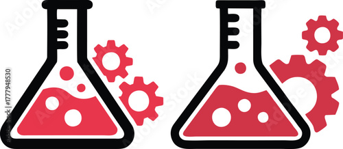 Laboratory Beakers with Red Liquid and Gears Icon | Science and Technology Vector Illustration for Innovation, Chemistry and Scientific Research