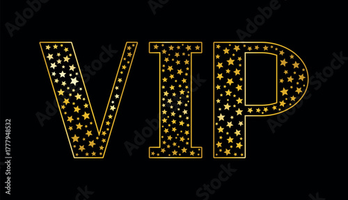 A text vector illustration on a black background with the word VIP written in gold stars. A status plaque for important persons