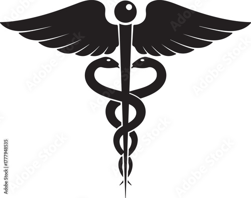 Iconic black caduceus symbol with wings and two intertwined snakes representing medicine and healthcare on a clean white background