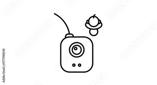 A minimalist line drawing of a baby monitor with an antenna and a pacifier.