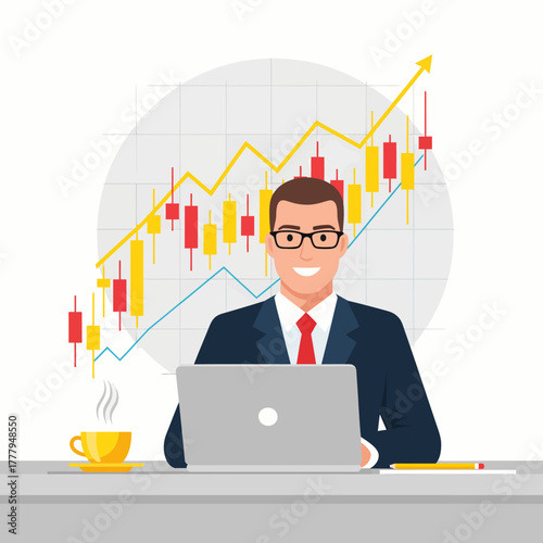 Successful businessman and stock market trader working on a laptop with a rising candlestick graph