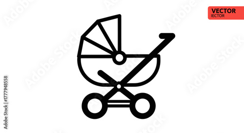 Simple black and white illustration of a baby stroller, isolated on white background.