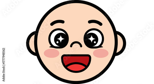 Cartoon baby face with big eyes, open mouth, and rosy cheeks.