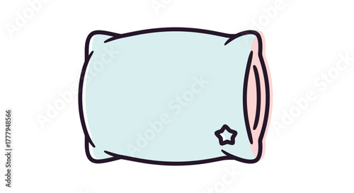 A cartoon illustration of a light blue pillow with a star decoration, ready for sleep.
