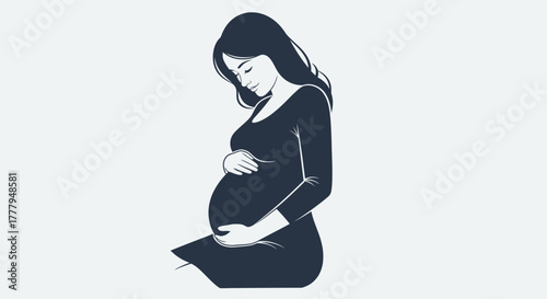 Illustration of a pregnant woman in a dress, cradling her baby bump with a serene expression.