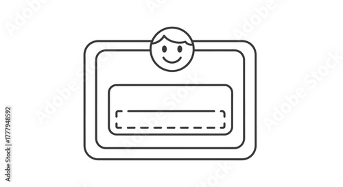 Simple line drawing of a name tag with a smiling face icon above it.