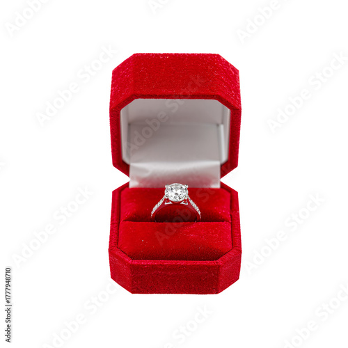 Elegant Engagement Ring Placed in a Luxurious Red Velvet Box for a Special Oc...