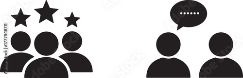 Conceptual illustration of a team achieving recognition and success alongside a conversation between two individuals symbolizing communication and discussion