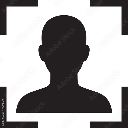 Silhouette of a human head and shoulders framed by a digital scanner or camera focus square representing facial recognition technology