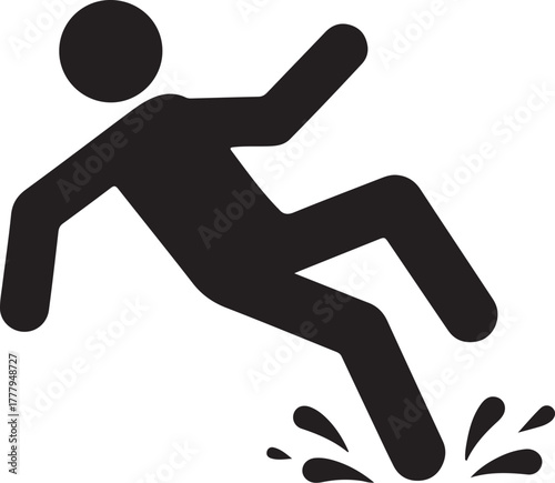 Black silhouette of a person falling on a wet surface with water splashes indicating a slip and fall hazard representing danger and accidents