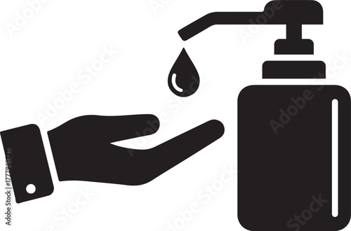 Black silhouette icon of a hand receiving liquid soap or sanitizer from a pump dispenser for hygiene and cleanliness purposes