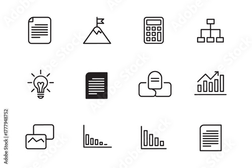 Business and finance icons representing documents charts and goals Keywords: document icon, paper