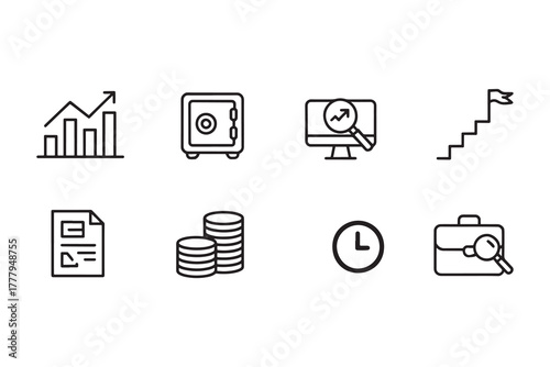 Business and finance icons showing growth safe and time management Keywords: bar chart icon, graph