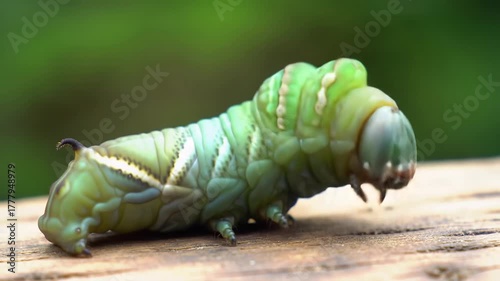 A vibrant green caterpillar with distinct segments and a small hornlike tail slowly crawls on a rustic wooden surface in a natural outdoor setting showcasing its intricate details and movement.