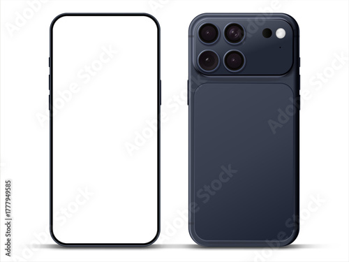 Realistic smartphone mockup. Mobile phone vector with isolated on white background. Device front view. 3D mobile phone with shadow. Realistic, high quality smart phone mockup for ui ux presentation.