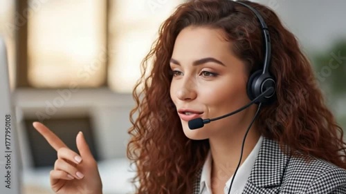 A beautiful call center agent with curly hair and a headset, smiling while assisting a client. This footage is perfect for customer support concepts
