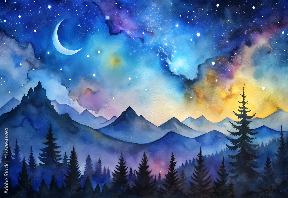 Naklejka premium Enchanting watercolor landscape of a mystical night sky with a crescent moon over silhouetted pine trees and majestic mountains