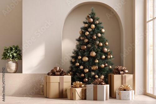 골드 장식이 달린 크리스마스 트리