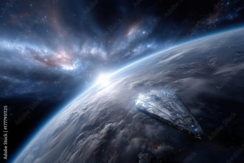 Fototapeta premium Spacecraft hovering above Earth with a distant galaxy in the background during twilight