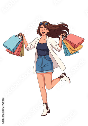Illustration of a happy young woman holding many shopping bags after a successful shopping spree