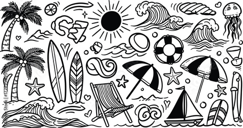 Hand drawn doodle collection of summer beach vacation elements including palm trees surfboards sun ocean waves and beach chair