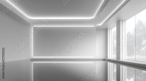 Modern office space with a minimalistic design and a large window