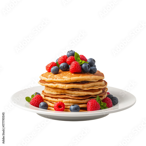 Stack of Fluffy Pancakes Topped With Fresh Berries and Mint on a White Plate