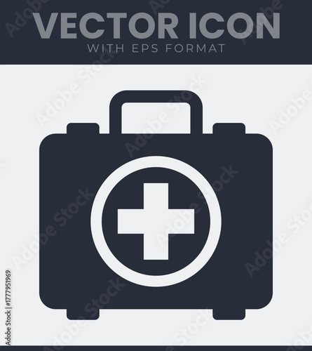 Dark grey first aid kit icon with white cross, minimalist medical care and emergency assistance symbol