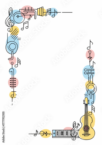 Decorative border made of musical notes and instruments   
