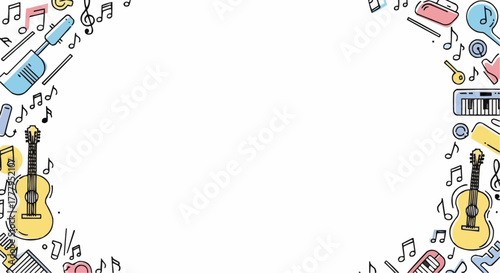 Musical instruments and notes forming a decorative border design  