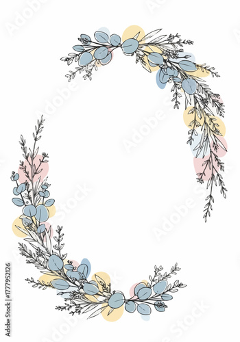 Decorative botanical wreath of eucalyptus and herbs with colors  