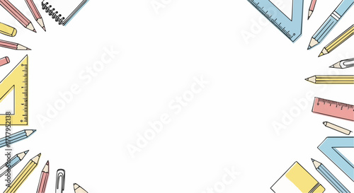 Frame of school supplies like pencils and rulers forming a border  