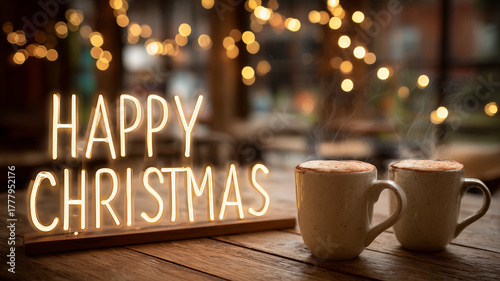 Warm indoor café scene with a glowing Happy Christmas sign on the wall, steaming mugs of cocoa on the table, bokeh Christmas lights