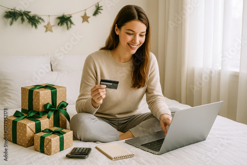 Modern indoor photo of a woman sitting on her bed, shopping for Christmas gifts online using a laptop and credit card. Surrounded by wrapped presents and festive decor, the bright neutral setting 