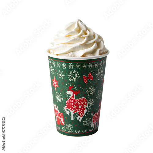 Festive Beverage in a Green Cup With Holiday Design and Whipped Cream on Top