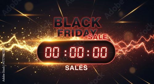Animated glowing countdown timer with bold Black Friday sale text and dynamic particle effects, perfect for marketing videos