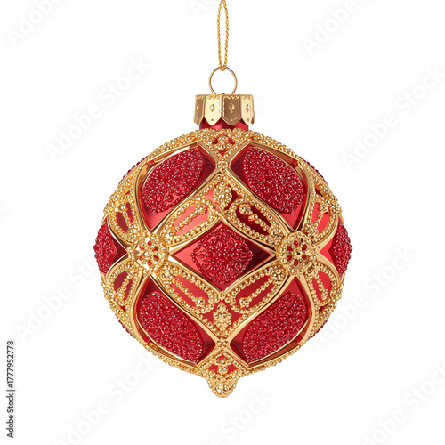 Beautiful Red and Gold Christmas Ornament Hanging Against a White Background
