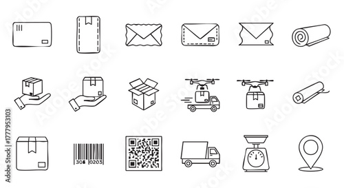 Hand drawn icons representing logistics delivery and shipping related elements
