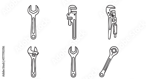 Hand drawn line art illustration of an adjustable spanner and wrench