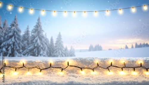 Christmas lights hanging above snowy landscape